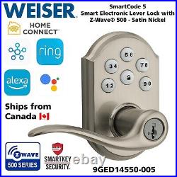 Weiser SmartCode 5 Smart Electronic Lever Lock with Z-Wave 500 Satin Nickel